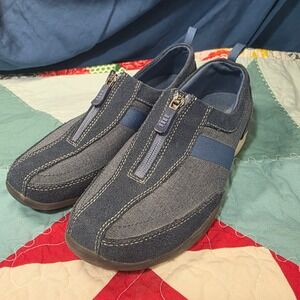 Lands' End All Weather Zip Sneakers Womens 8.5 B Navy Blue Suede Textile Slip On